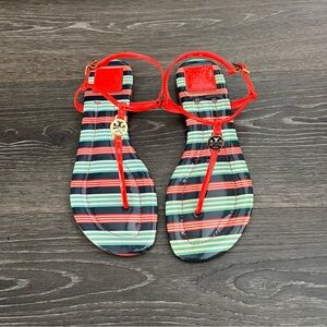 Tory Burch Emmy Sandals Striped Patent Leather Orange Blue Thong Slip On Size 9‎